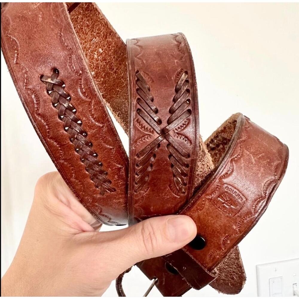Vintage carved  Leather Belt 42 embellished mexican Boho woven western cognac - Picture 2 of 7